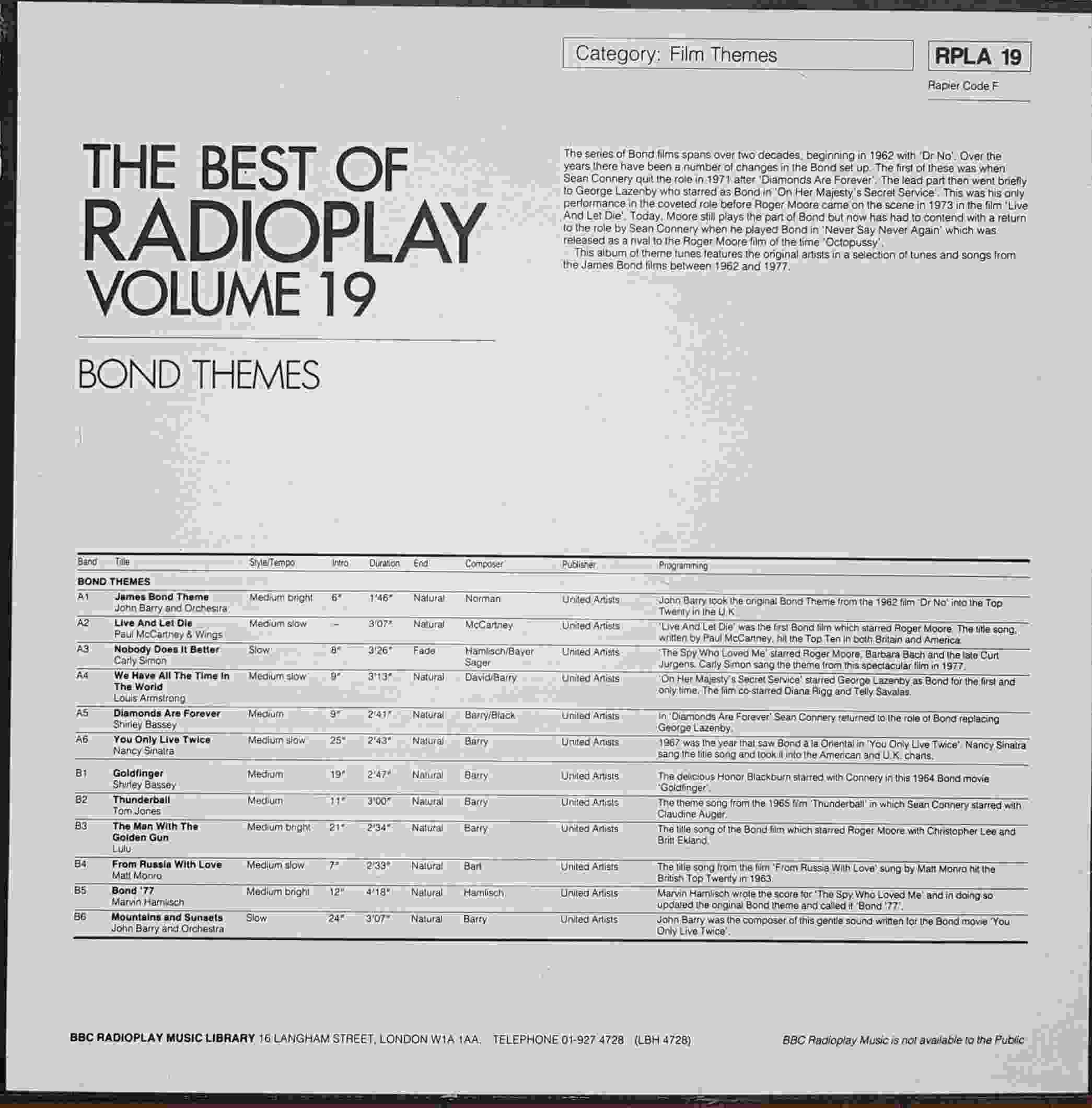 Picture of RPLA 19 The best of Radioplay - Volume 19 - Bond themes by artist Various from the BBC records and Tapes library